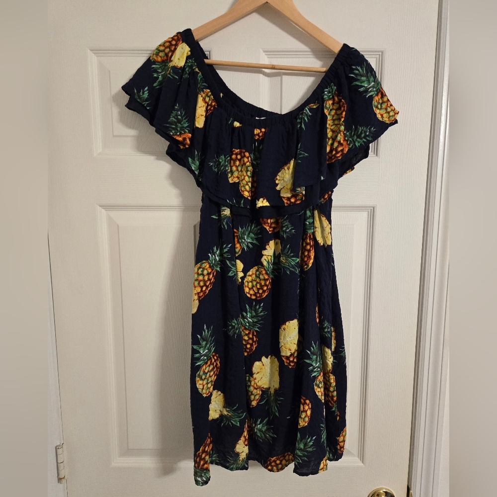 Umgee Dress Navy Blue With Pineapples Ruffled Off The Shoulders Size 1XL